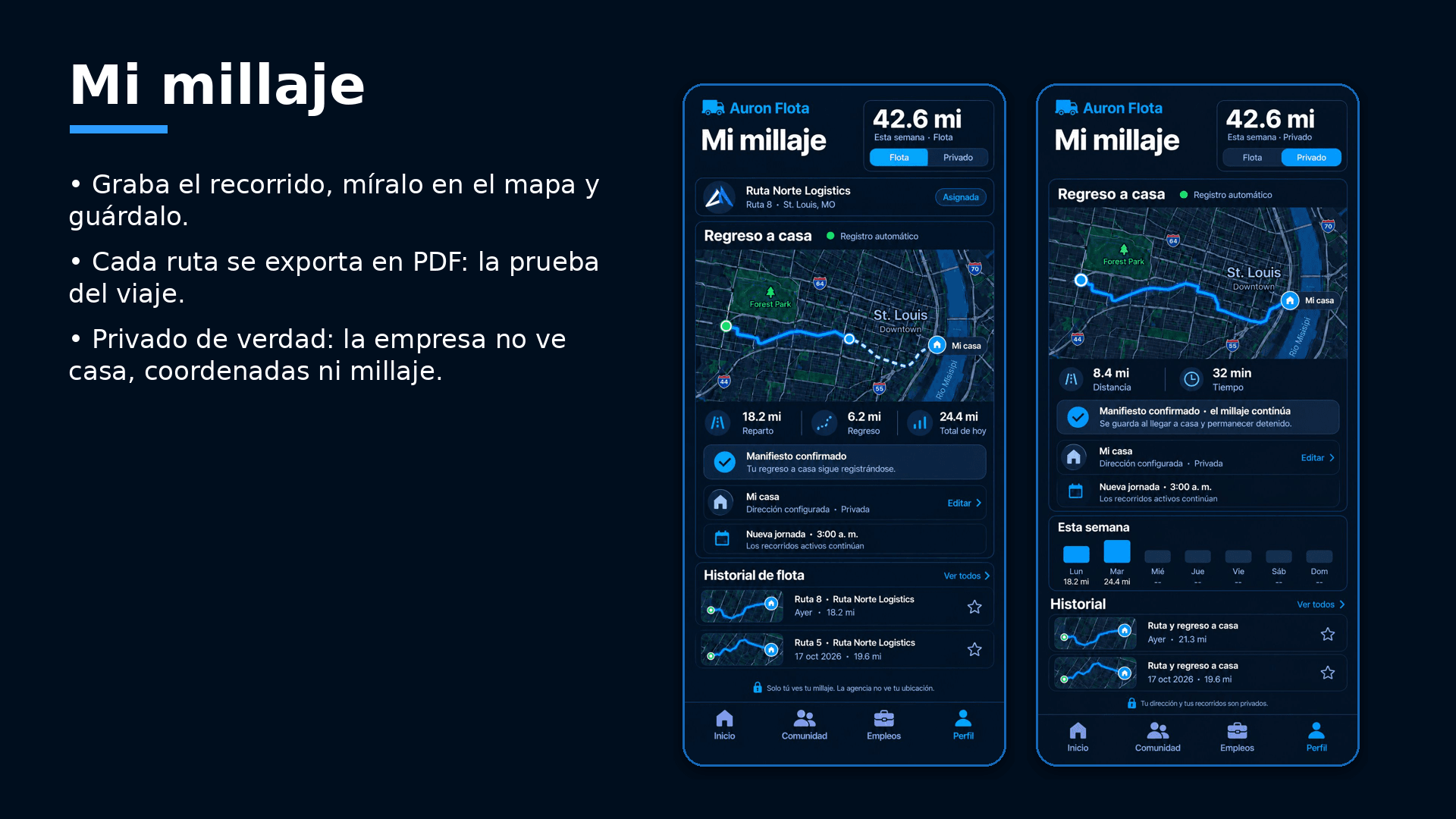 Pantalla Mi millaje con el mapa del recorrido en la app Auron Flota